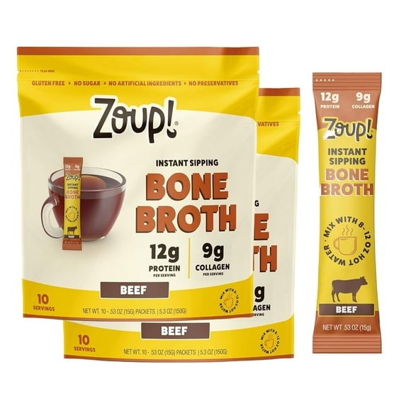 Zoup! Instant Sipping Bone Broth Mix - 12 Grams of Protein - Non-GMO - Bone Broth Protein Powder Packets To Go - Beef, .53 oz. (Pack of 20) 