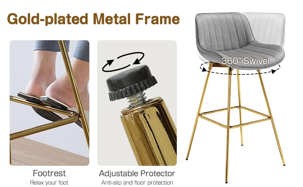 Set Of 2 Swivel Bar Stools - 29 Inch Velvet Kitchen Island Stools With Gold Metal Legs, Golden Yellow