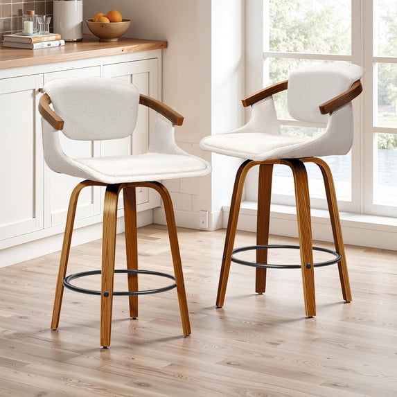 Zouron Wooden Bar Stools Set of 2, Swivel Counter Height Chairs with Back, Fabric Counter Stools for Kitchen Dining Room Home Bar, Off White