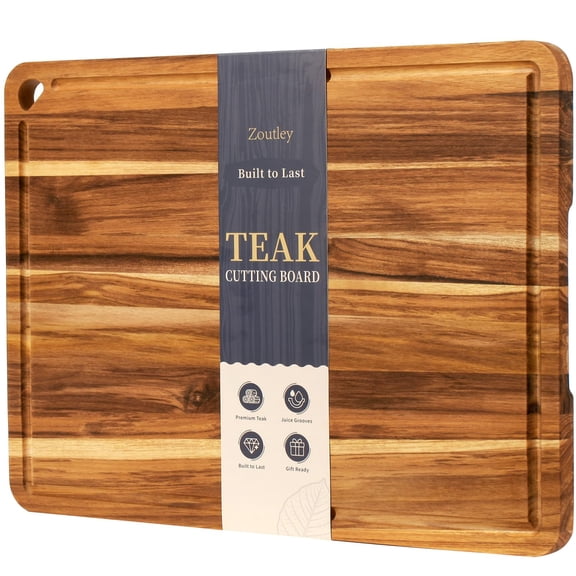 Zoutley 24”×18” Teak Wood Cutting Board for Kitchen, Knife-Friendly Chopping Boards with Juice Grooves & Storage Stand, Heavy Duty Wooden Boards for Meat, Fruit & Cheese, Ideal Housewarming Gift