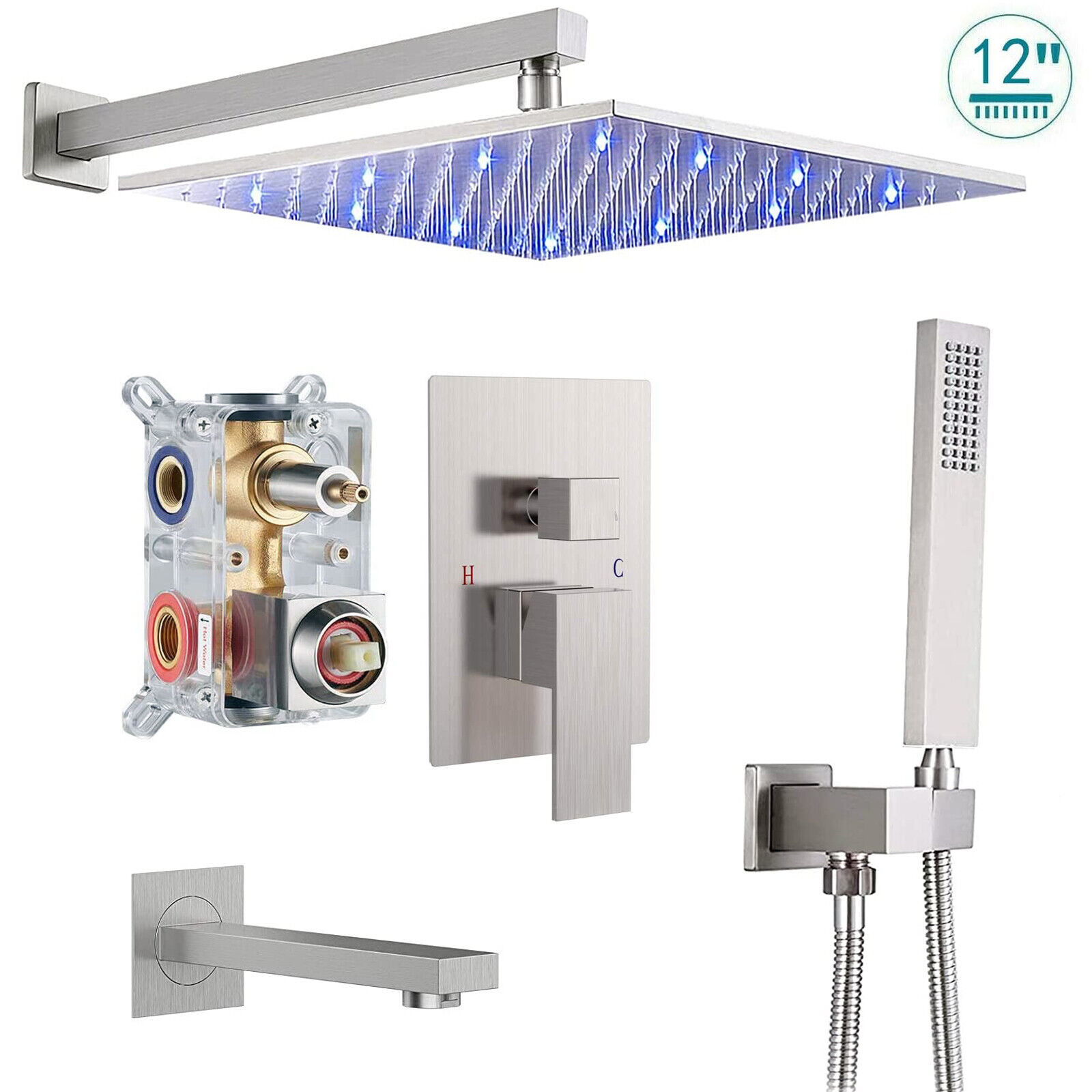 Zovajonia 12 Inch LED Rain Shower Faucet System Mixer Valve Brushed ...