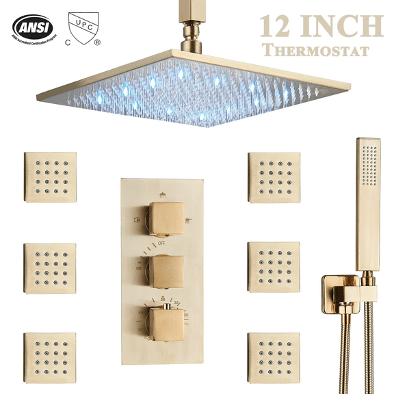 Zovajonia 12" Rainfall Shower System, Rain Mixer & Handheld,6 Body Jets,  LED Ceiling Mount, Brushed Gold