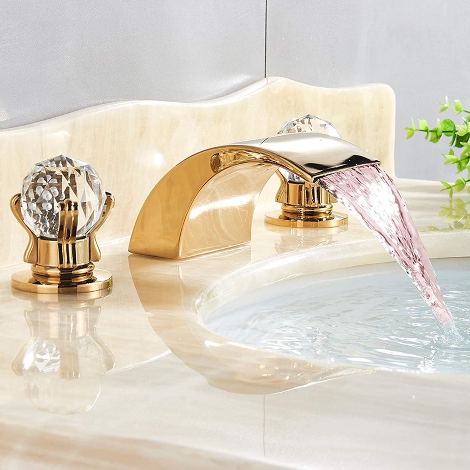 Zovajonia 3 Hole Bathroom Faucet, Dual Crystal Knobs Vanity Basin LED Sink Faucet Mixer Bronze Bath Faucets, Gold Widespread bathroom faucets for sink 3 hole Waterfall Tub Faucet