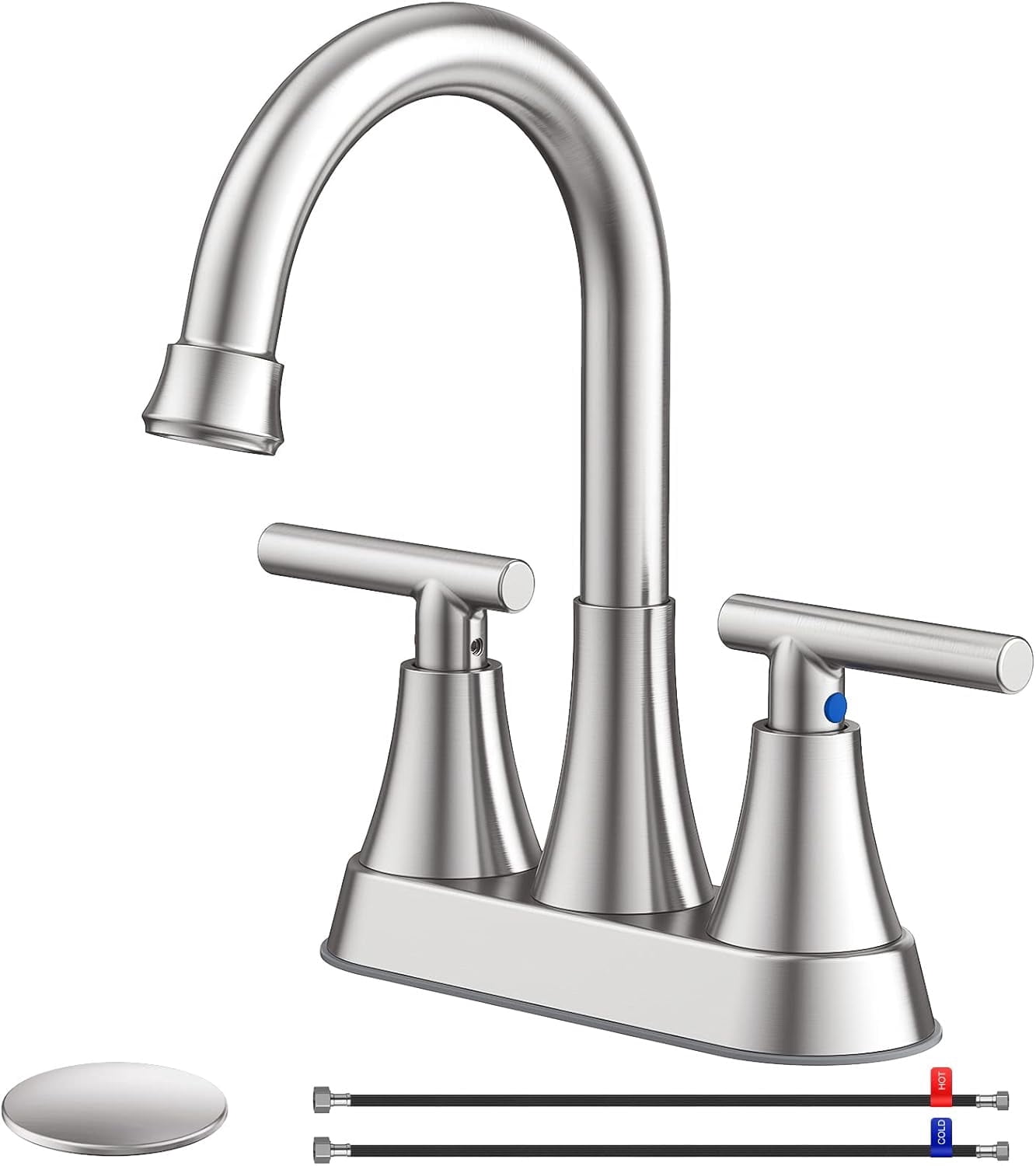 Zovajonia 3 Hole Bathroom Sink  Faucet ，4 Inch 2 Handle Centerset Brushed Nickel Lead-Free Modern Bathroom Faucet  with Pop-up Drain  and Supply Hoses