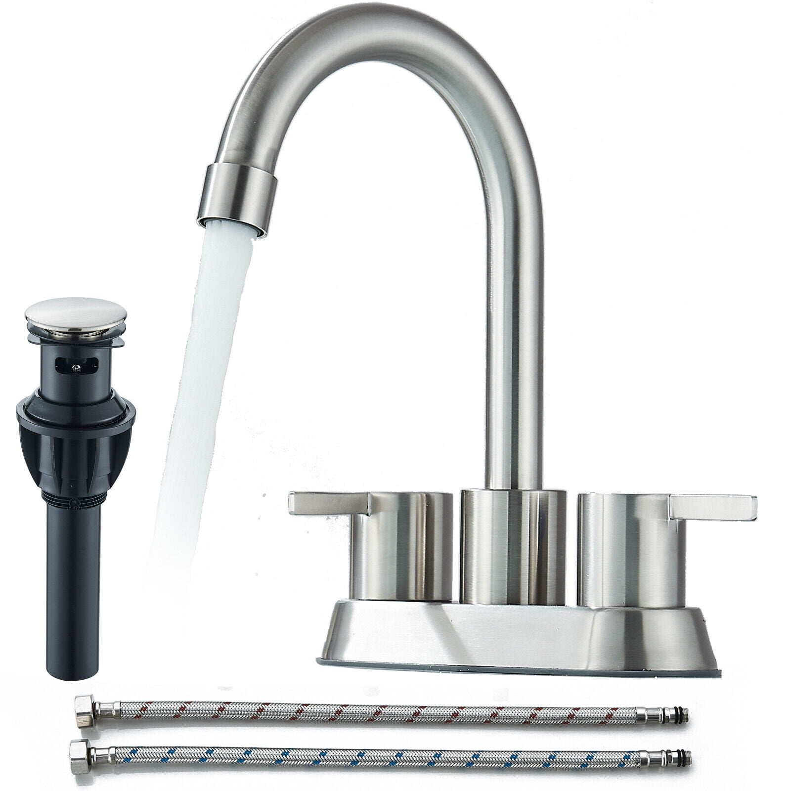 Zovajonia 4 Inch 2 Handle Centerset Brushed Nickel Lead-Free Modern Bathroom Faucet , 360 Swivel Spout 2-3 Hole RV Bathroom Vanity Sink Faucet with Pop Up Drain and Water Supply Lines