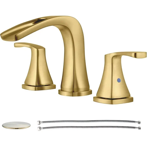 Zovajonia 8" Widespread Waterfall Bathroom Faucet 3 Hole Mixer Tap with Drain Brushed Gold