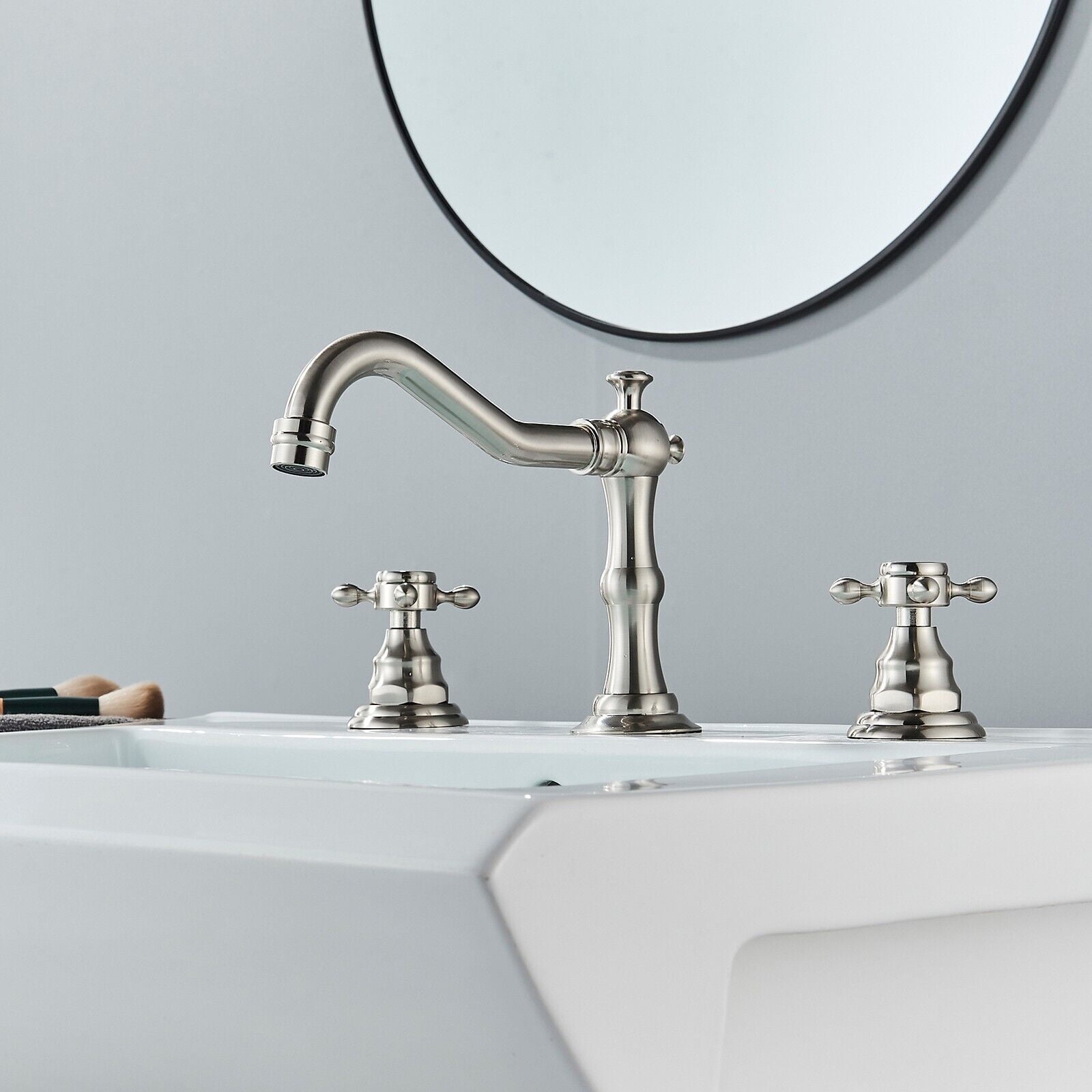 Zovajonia Bathroom Faucet 3 Hole Vanity Basin 8 Inch High Arc Sink Faucet Mixer Bronze Bath Faucets , Brushed Nickel Widespread bathroom faucets for sink 3 hole Waterfall Tub Faucet