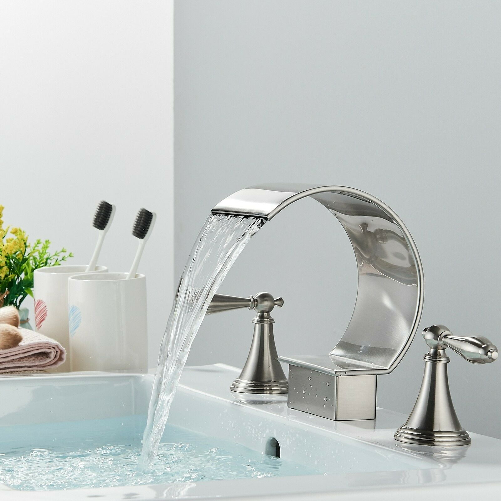 Zovajonia Bathroom Faucet 3 Hole Vanity Basin 8 Inch High Arc Sink Faucet Mixer Bronze Bath Faucets , Widespread bathroom faucets for sink 3 hole Waterfall Tub Faucet Brushed Nickel