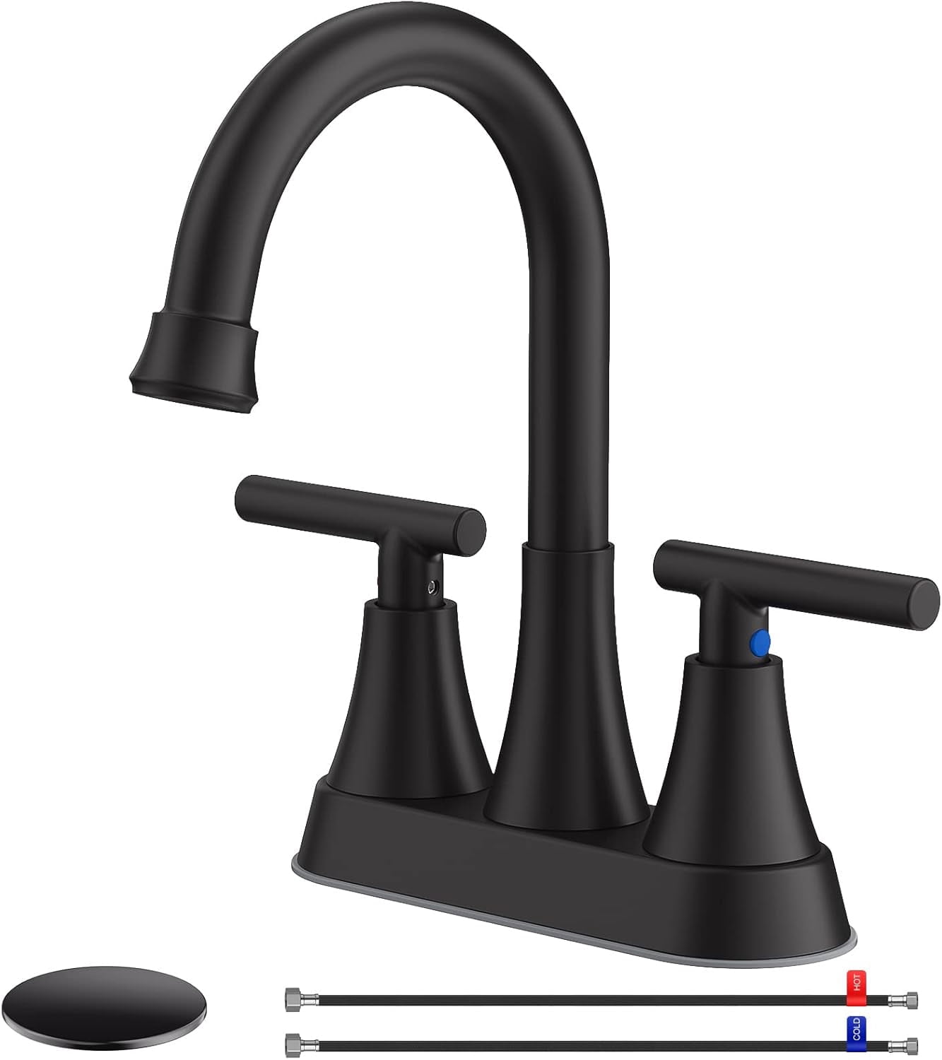 Zovajonia Bathroom Faucets for Sink 3 Hole,  4 inch Matte Black with Pop-up Drain and 2 Supply Hoses, Stainless Steel 2-Handle, for Sink Vanity