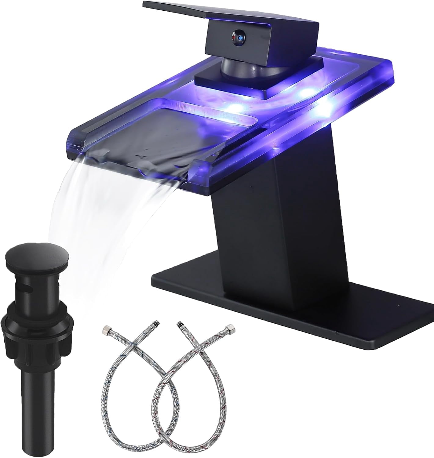 Zovajonia Bathroom Sink Faucet, Matte Black Waterfall Single Handle Vanity Faucets 1 Hole with Pop Up Drain and 2 Water Supply Lines, Open Glass Spout
