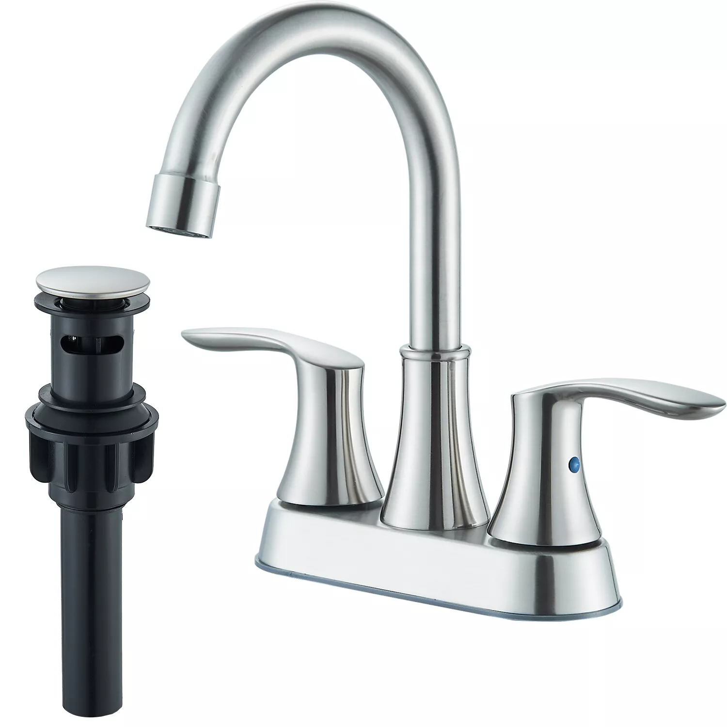 Zovajonia 4 Inch 2 Handle Centerset Lead-Free Modern Bathroom Faucet, 360 Swivel Spout 2-3 Hole RV Bathroom Vanity Sink Faucet with Pop Up Drain and Water Supply Lines Brushed Nickel