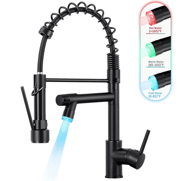 Zovajonia Black Kitchen Faucet with Pull Down Sprayer, Mordern Commercial Rv Single Handle Single Hole Double Spout LED Spring Kitchen Sink Faucet