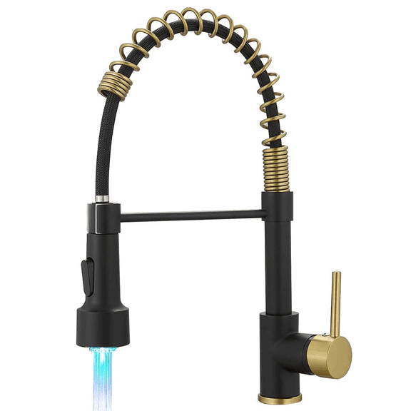 Zovajonia Black and Gold Kitchen Faucet with Pull Down Sprayer Single Hole Stainless Steel LED Faucet
