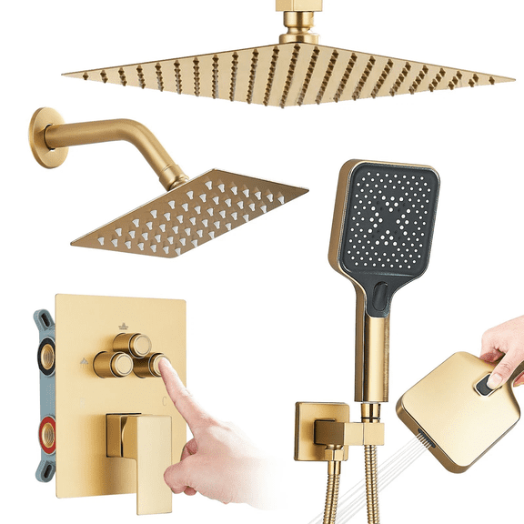 Zovajonia Brushed Gold 10" Ceiling Mount Shower Set, 2 Rain Heads & Multi-function Handheld, Push Button Diverter, Pressure Balancing Valve Kit