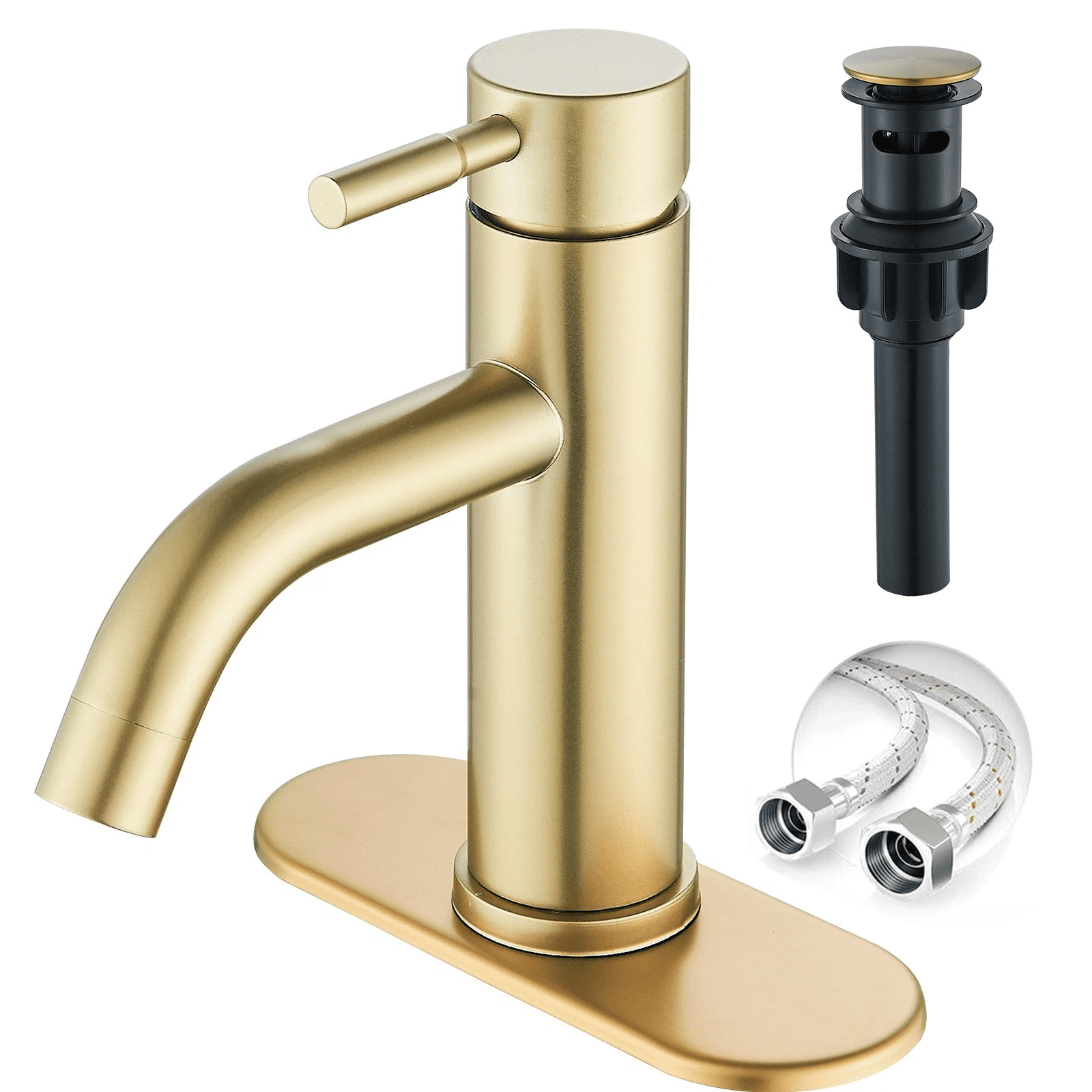 Zovajonia Brushed Gold Bathroom Faucet Single Handle 1 or 3 Holes Basin faucet with Pop Up Sink Drain Assembly and Water Faucet Supply Lines