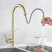 Zovajonia Brushed Gold Kitchen Sink Faucet Pull Down Sprayer Single Handle Mixer Tap