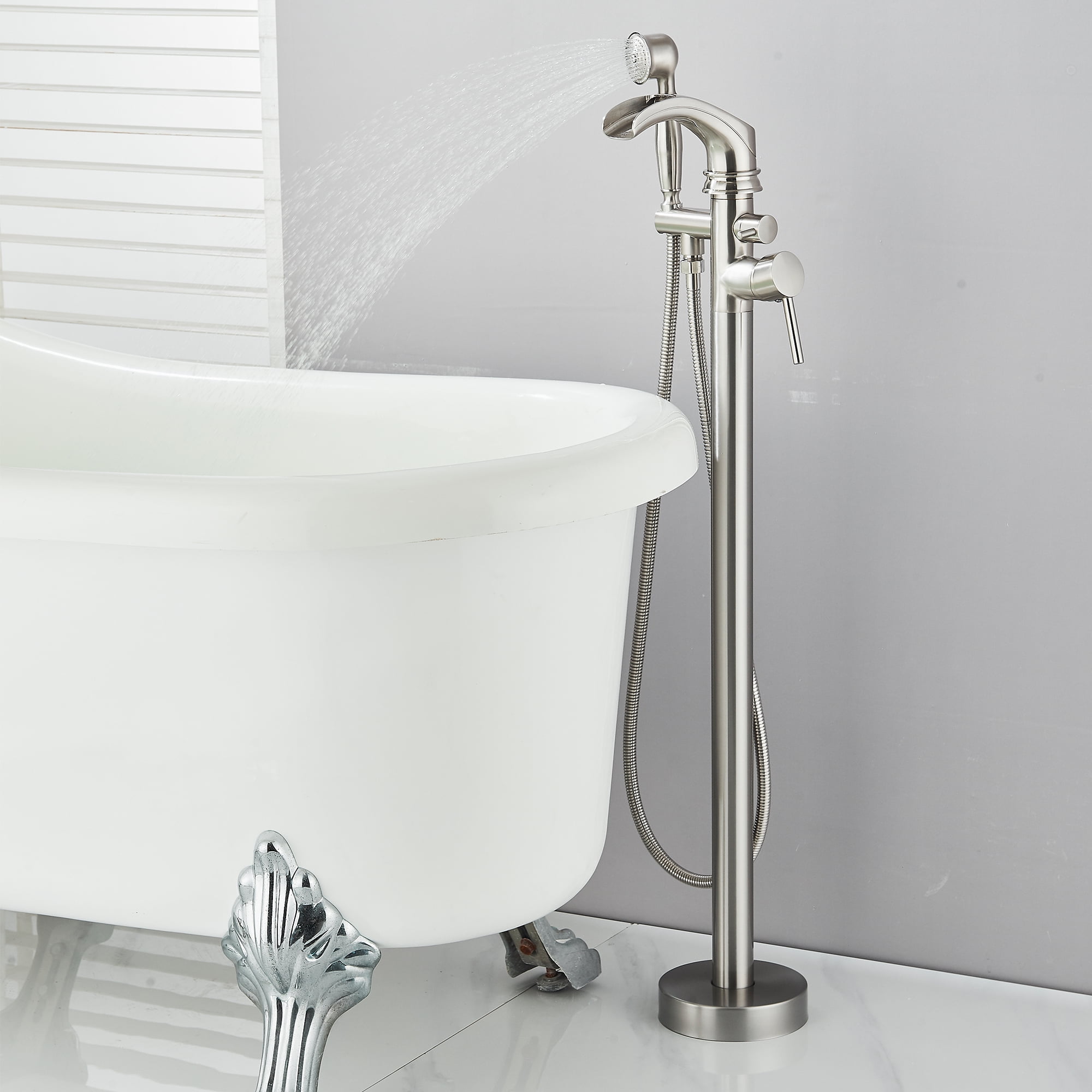 Zovajonia Brushed Nickel Bathroom Single Handle Freestanding Bathtub Faucet Floor Mounted Waterfall Tub Filler with Hand Shower Set
