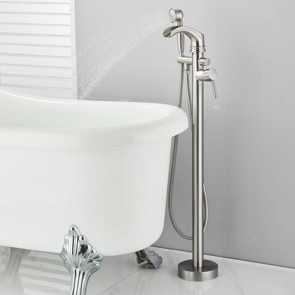 Zovajonia Brushed Nickel Bathroom Single Handle Freestanding Bathtub Faucet Floor Mounted Waterfall Tub Filler with Hand Shower Set