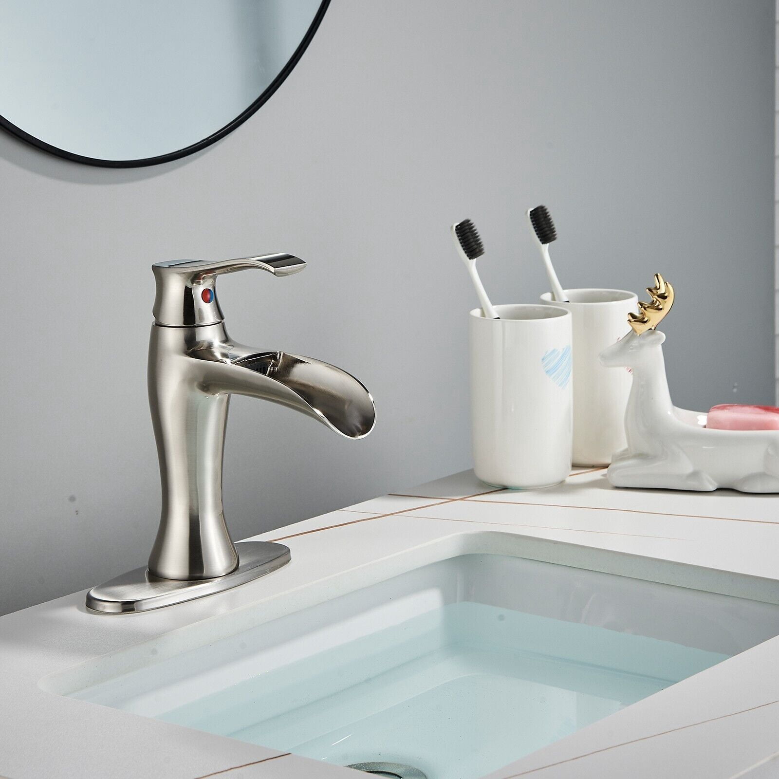 BYH Brushed Nickel Single Hole 1-Handle WaterSense Waterfall Bathroom Sink Faucet With Drain And Deck Plate