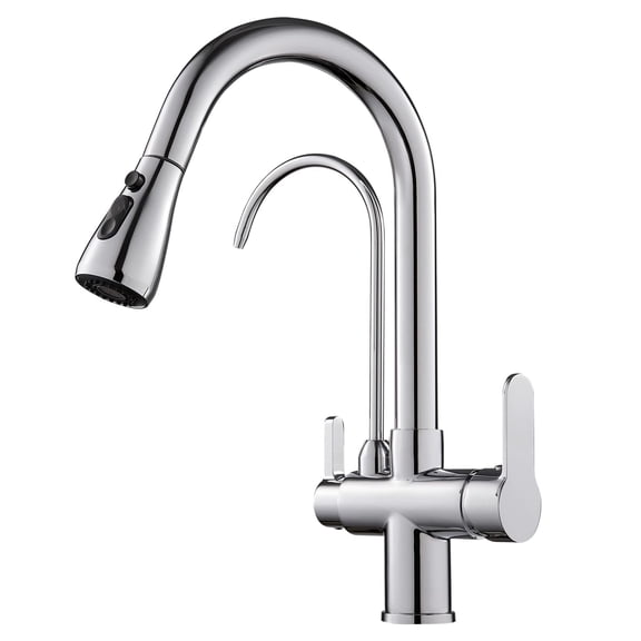 Zovajonia Brushed Nickel Kitchen Sink Faucet with Pull-Down Sprayer, 2-Handle 3-in-1 Kitchen Filter Faucet, Cold and Hot Mixer Drinking Water Faucet