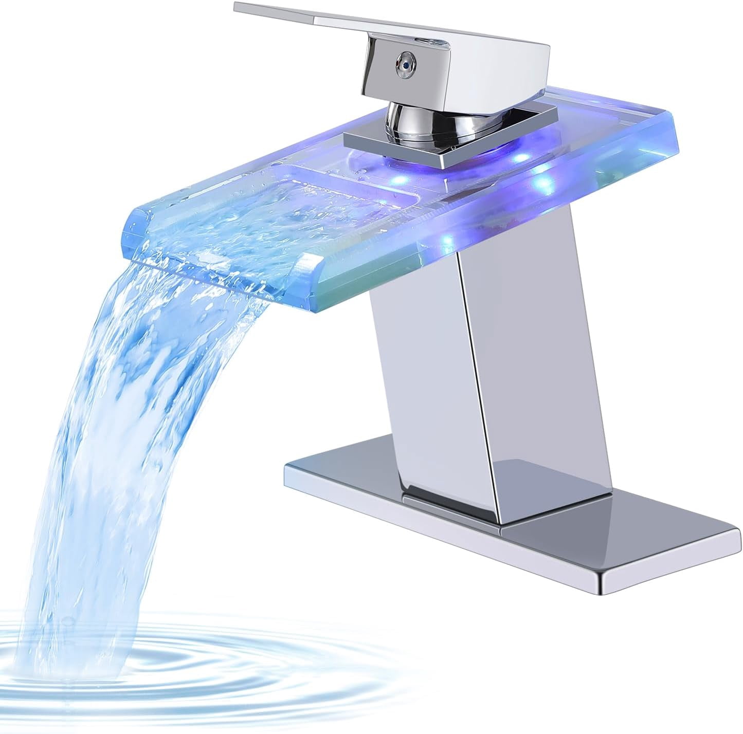 Zovajonia Brushed Nickel LED Bathroom Sink Faucet Single Hole 4 Inch Centerset Waterfall Faucet Glass Spout with Deck Plate