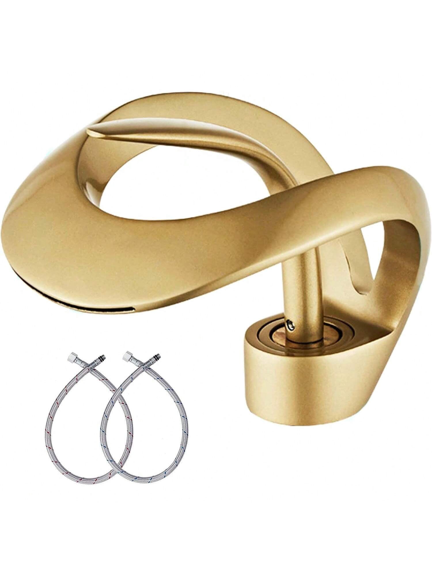 Zovajonia Brushed gold Bathroom Sink Faucet Unique Brass Modern Waterfall Basin Vanity Faucet Single Hole Single Handle Mixer Tap With Hoses