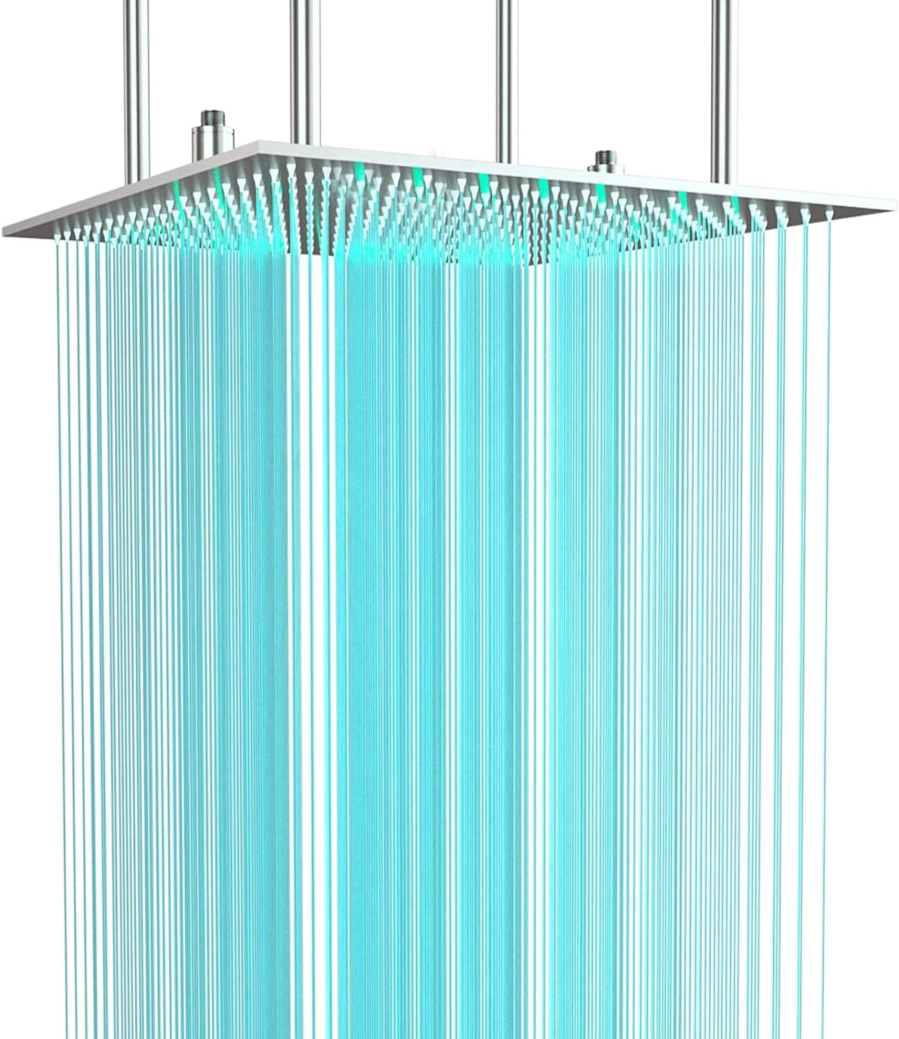 Zovajonia Ceil Mounted 32x16" Square Rain Shower Head LED High pressure Top Sprayer w/Hose Brushed Nickel