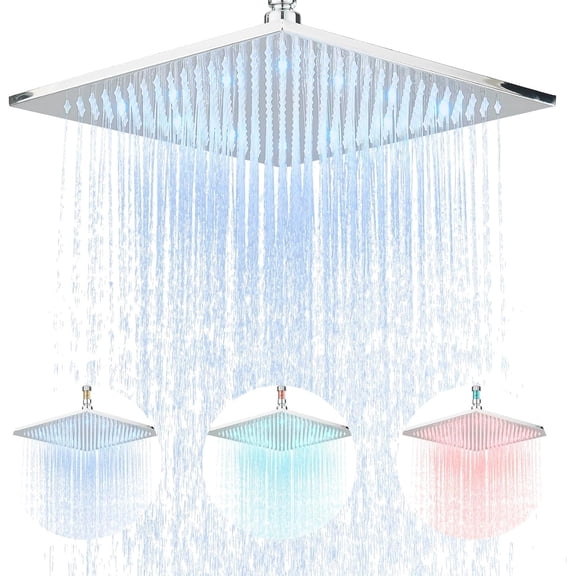 Zovajonia Chrome Brass 12 Inch LED Shower Head, High Pressure Square Rainfall Showerhead, Wall or Ceiling Mount Rain Shower Head