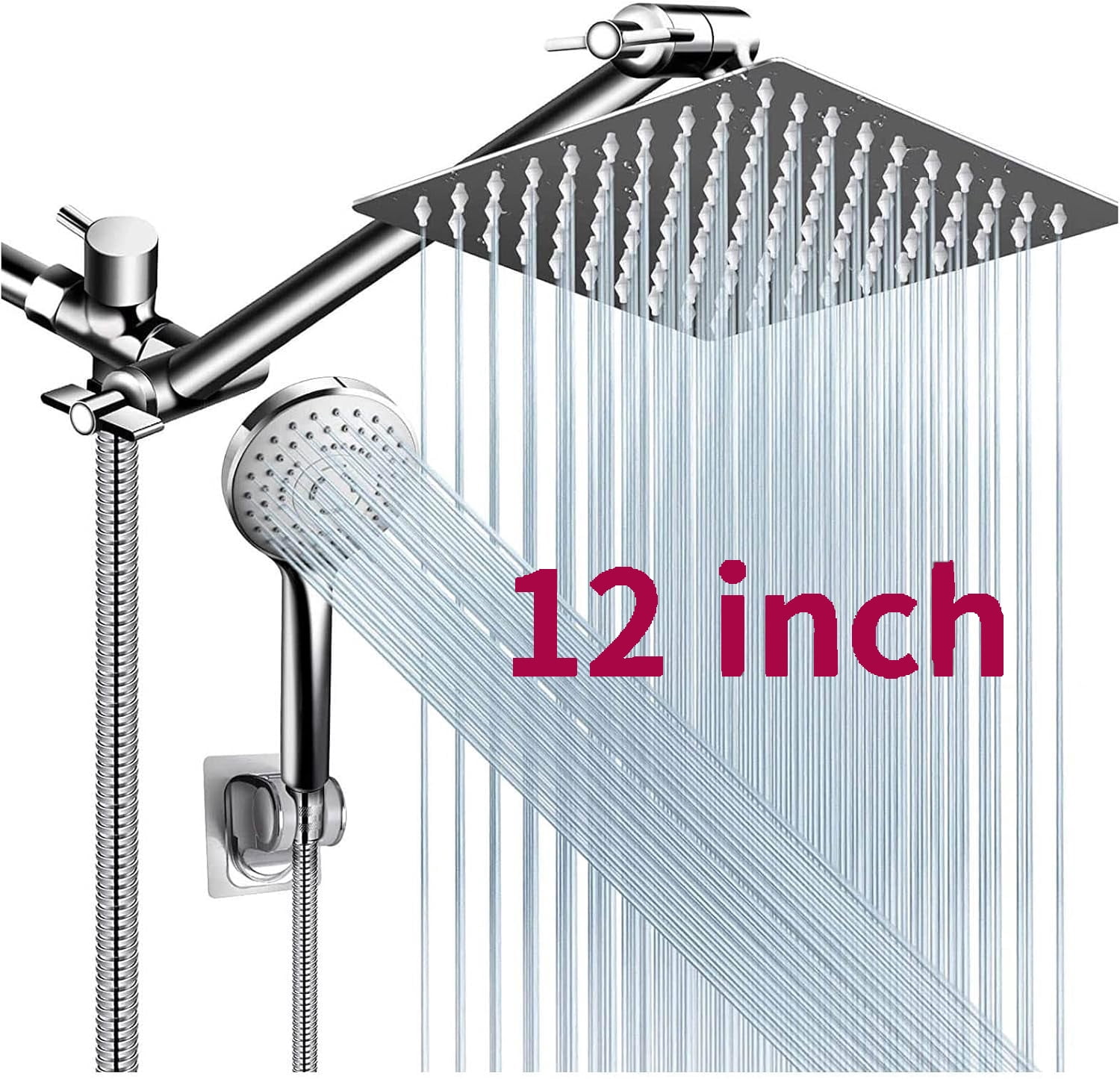 Zovajonia Chrome Rain Shower Head Combo Includes 12-inch Square High-Pressure Rain Shower Head Three-Setting Handheld Spray and Adjustable Arm