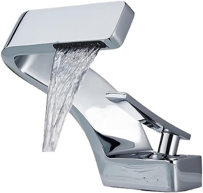 Zovajonia Chrome Waterfall Basin Faucet, Single Hole Single Handle Deck Mounted Bathroom Sink Faucet, Solid Brass Mixer Tap with Two Hoses