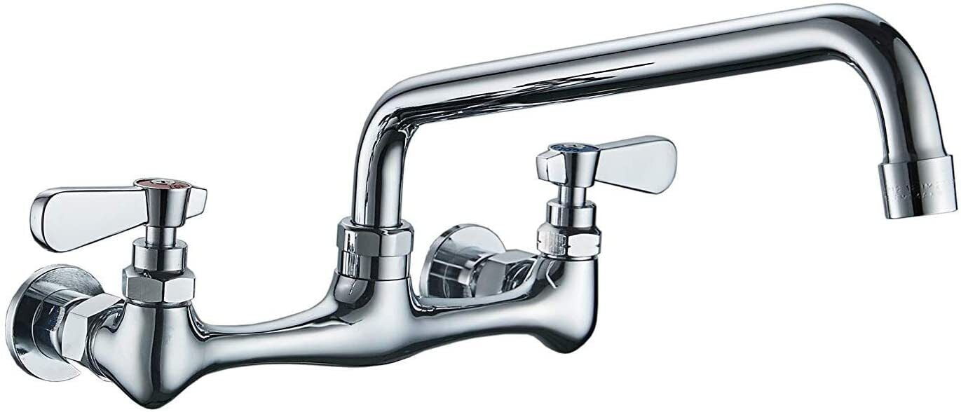 Airuida Wall Mount Kitchen Faucet With Sprayer Wall Mounted Kitchen Sink Faucet Double Cross Handles 360 Degree Swivel Spout Restaurant Mixer Tap Commercial 8 Inch Center Matte Black Brushed Nickel