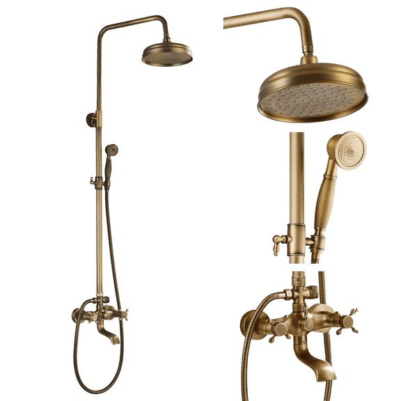 Zovajonia Exposed Shower Faucet Set 8 Inch Rainfall Head Handheld Spray Tub Spout Triple Functions Wall Mount 2 Cross Handle Antique Brass