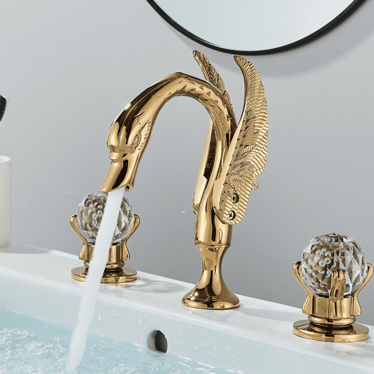Zovajonia Gold Bathroom Sink Faucet 3 Hole Vanity Basin 8 Inch High Arc Swan Mixer Faucet  Widespread Waterfall Tub Faucet
