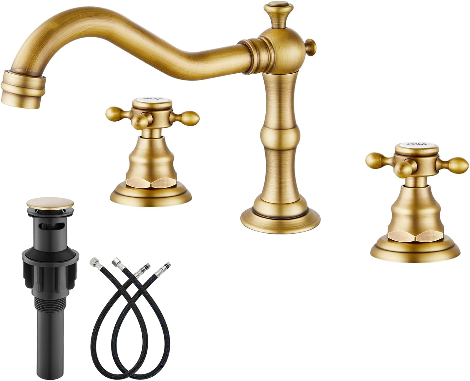 Zovajonia Hole Widespread Bathroom Sink Faucet  2 Cross Handles Vintage Lavatory Vanity Mixer Tap with Pop Up Drain, Antique Brass