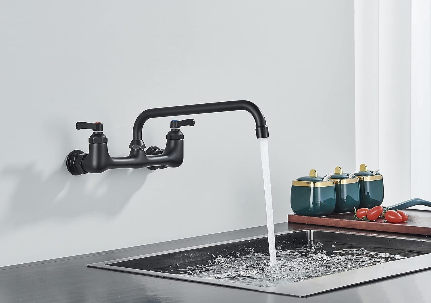 Zovajonia Kitchen Sink Faucet 8 Inch Center with 12 Inch Swivel Spout 2-Handle Wall Mount Kitchen Faucets for Home Restaurant Industrial Matte Black