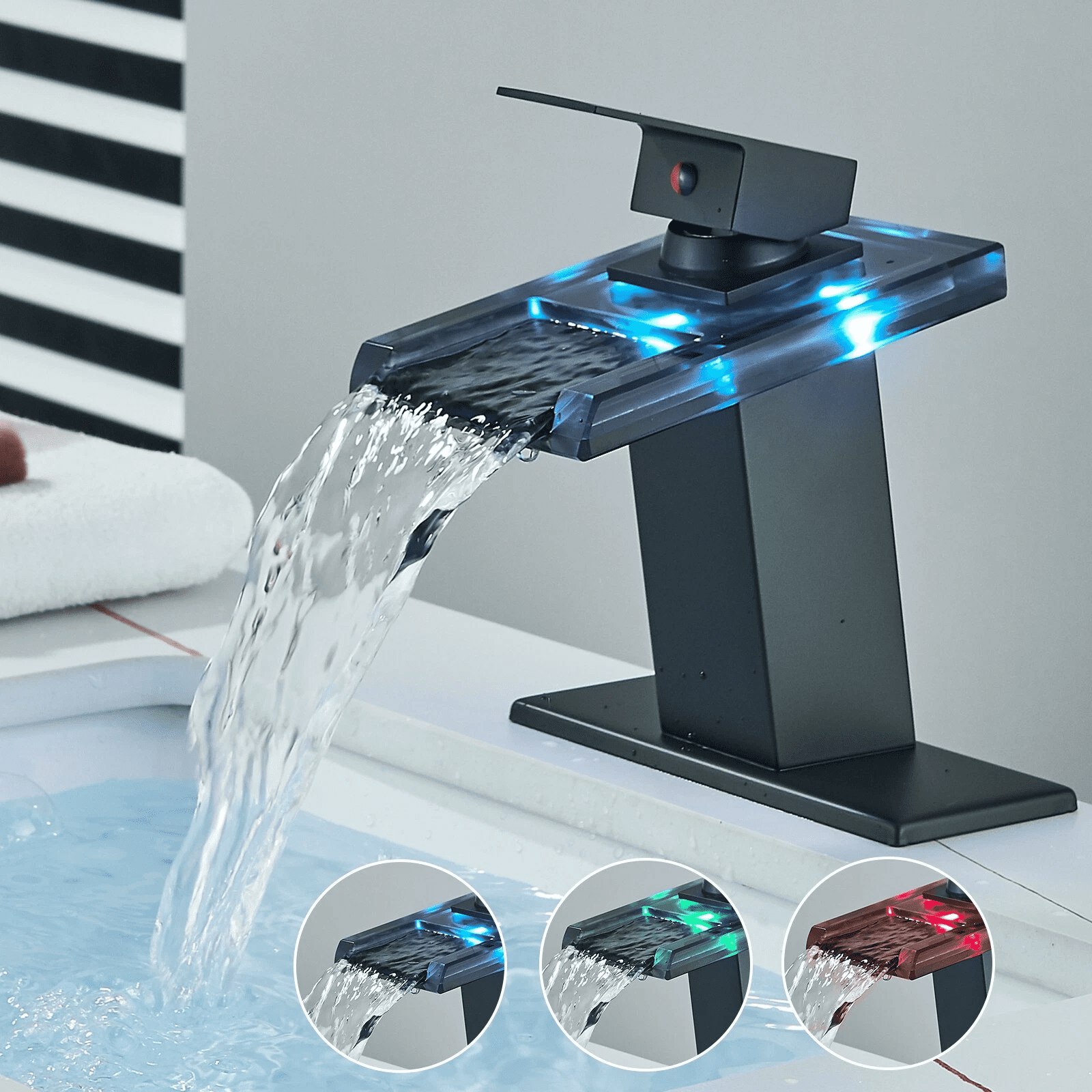 Zovajonia LED Bathroom Sink Faucet, Matte Black Waterfall Single-Handle Vanity Faucets for Sinks 1 Hole with  2 Water Supply Lines Open Glass Spout