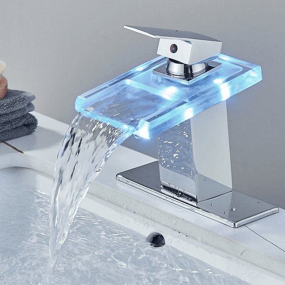 Zovajonia LED Bathroom Sink Tap  Chrome Single-hole or 4-inch centreset waterfall tap, glass spout, temp-sensitive LED lights, incl. deck plate