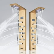 Zovajonia LED Shower Panel Tower System, 6-Functions Stainless Steel Shower Tower Waterfall ShowerheadShower Jets, Hydropower Digital Display Rain Shower System Gold