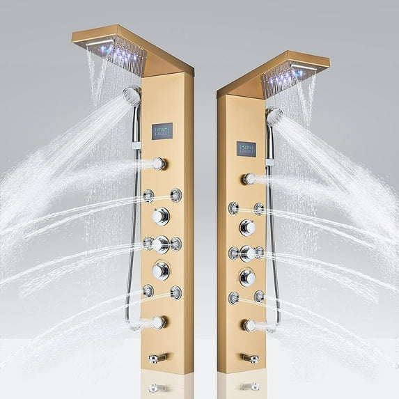 Zovajonia LED Shower Panel Tower System, 6-Functions Stainless Steel Shower Tower Waterfall ShowerheadShower Jets, Hydropower Digital Display Rain Shower System Gold