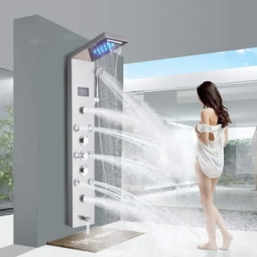 Zovajonia LED Shower Panel Tower System , 6-Functions Stainless Steel Shower Tower ,Waterfall Showerhead,Shower Jets, Rain Shower System Brushed Nickel
