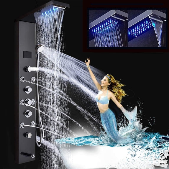 Zovajonia LED Shower Panel Tower System , 6-Functions Stainless Steel Shower Tower ,Waterfall Showerhead,Shower Jets, Rain Shower System Oil Rubbed Bronze