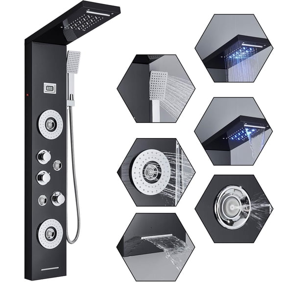 Zovajonia LED Shower Panel Tower System, Multi-Functions Shower Tower, Waterfall Showerhead, Shower Jets, Stainless Steel Rain Shower System Black