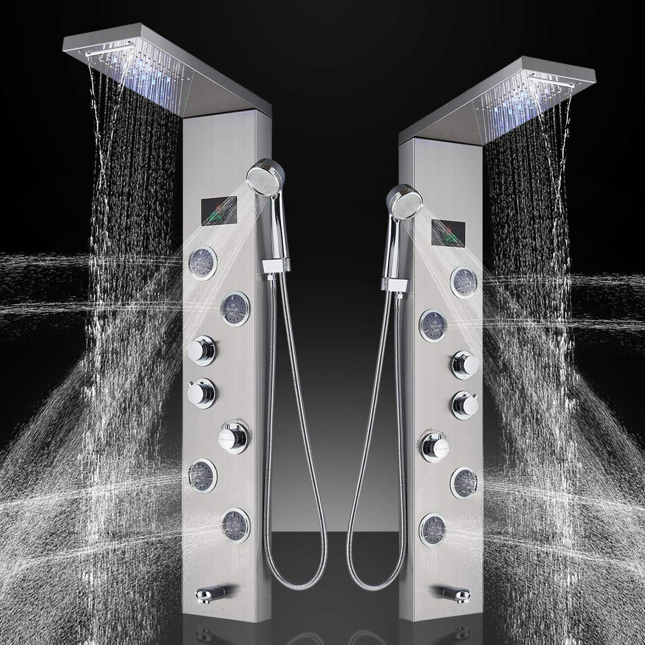 Zovajonia LED Shower Panel Tower System , Multi-Functions Stainless Steel Shower Tower ，Waterfall Showerhead，Shower Jets,  Rain Shower System Brushed Nickel