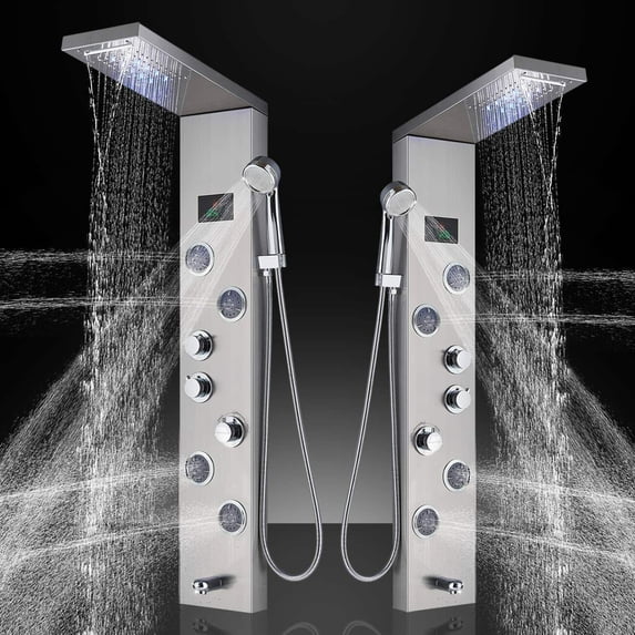 Zovajonia LED Shower Panel Tower System , Multi-Functions Stainless Steel Shower Tower ,Waterfall Showerhead,Shower Jets, Rain Shower System Brushed Nickel