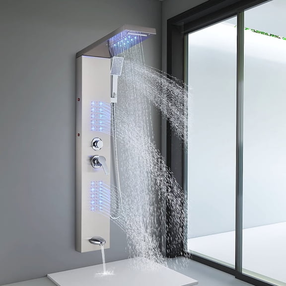 Zovajonia LED Shower Panel Tower System , Multi-Functions Stainless Steel Shower Tower , Waterfall Showerhead, Shower Jets, Rain Shower System Brushed Nickel