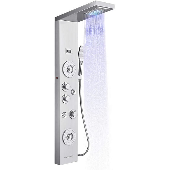 Zovajonia LED Shower Panel Tower System, Multi-Functions Stainless Steel Shower Tower , Waterfall Showerhead, Shower Jets, Rain Shower System Brushed Nickel
