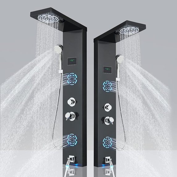 Zovajonia LED Shower Panel Tower System, Shower Tower with Multi-Functions , Waterfall Showerhead, Shower Jets, Stainless Steel Rain Shower System Oil Rubbed Bronze