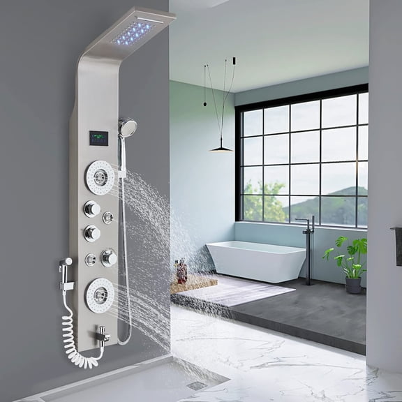 Zovajonia Led Shower Panel Tower System,50 Inch Multi-Function Shower Tower ,Waterfall Showerhead,Shower jets,Brushed Nickel Rain Shower System