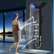 Zovajonia Led Shower Panel Tower System,7- Function Stainless Steel Shower Tower Waterfall ShowerheadMassage Shower Jets Hydroelectricity Display with Shower System Black