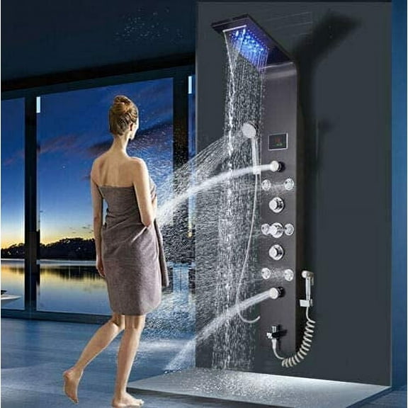 Zovajonia Led Shower Panel Tower System,7- Function Stainless Steel Shower Tower Waterfall ShowerheadMassage Shower Jets Hydroelectricity Display with Shower System Black